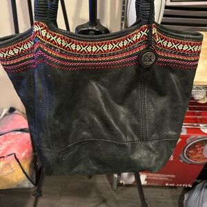 The Sak Tribal Aztec Hobo Black Leather Shoulder Bag Tote Embroidered Detail